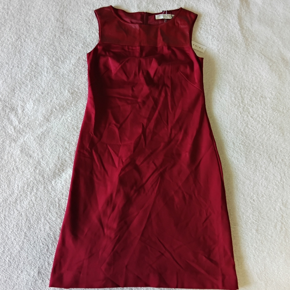 Trina Turk Crimson Dress With Inner Lace Slip & Leather Top. Sleeveless. Size 2